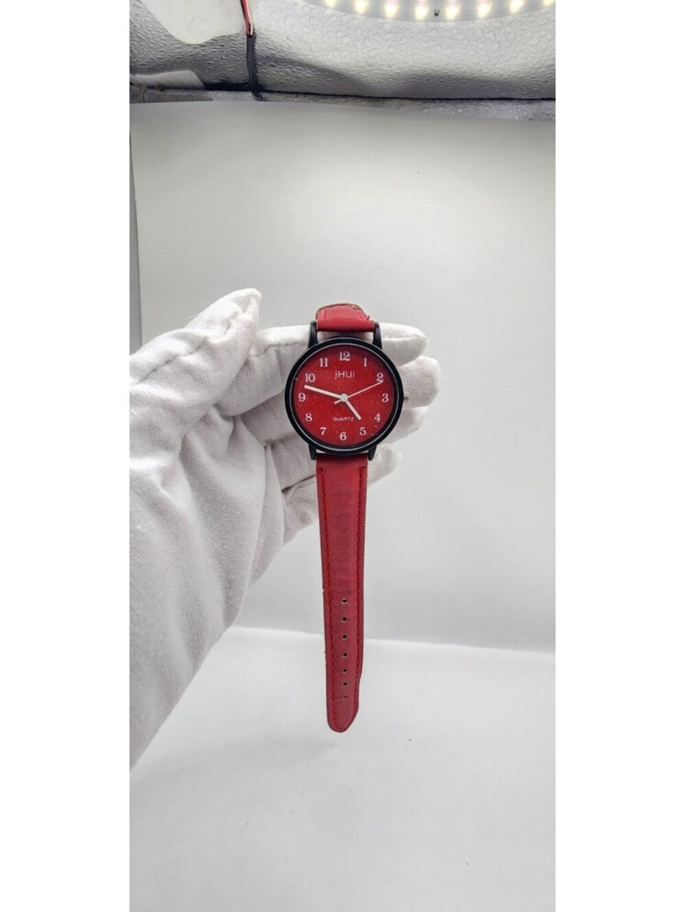 JHUI Quartz Watch Red Starry Sky Dial Arabic Numerals Suede Style Strap Unisex